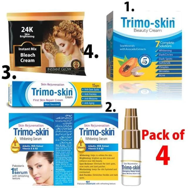 Trimo Pack of 4 Skin Cream Bleach, Skin Serum, and Scar Removal Tube with Trimoskin Beauty Cream