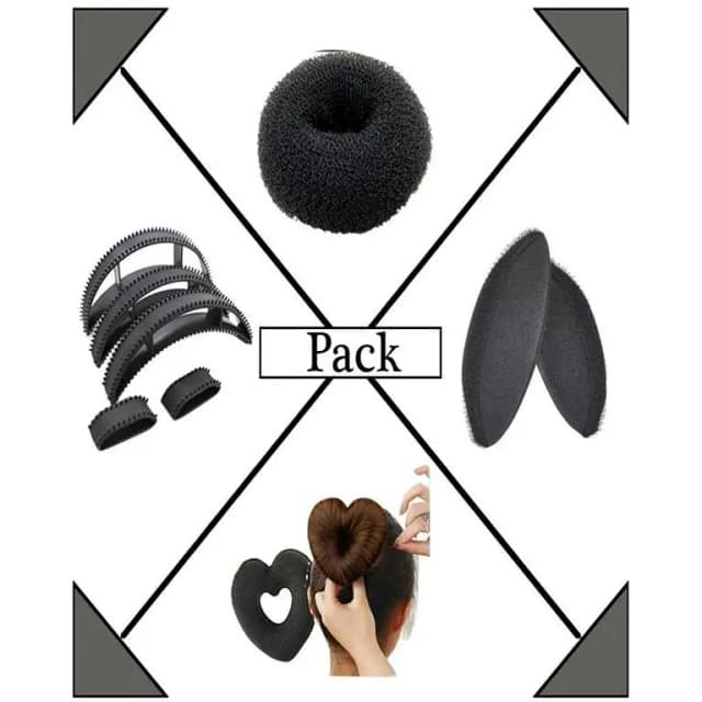 Pack of 10 - Black Heart Shape Donut and Hair Styling Tools: Volume Maximizer and Hair Puff