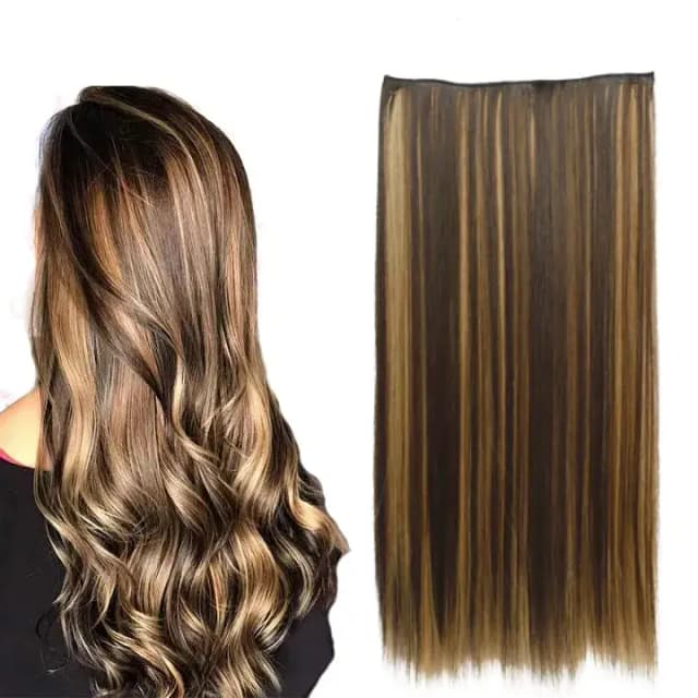5-Clip Dark Brown Hair Extensions with Golden Highlights | Clip-In Highlights for Women and Girls