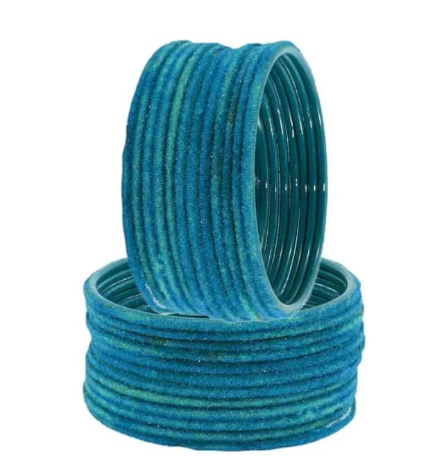 Sky Blue Velvet Glass Bangles Set - 24 Pieces in Various Sizes (2.4, 2.6, 2.8)