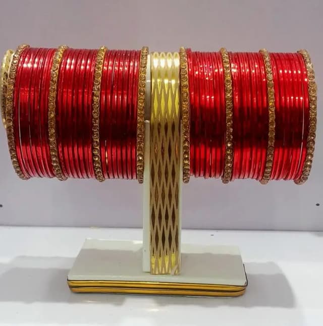Red Antique Metal Bangle Set with Single Line Diamond - 24 Pieces for Girls Available in All Sizes (Do, Sawa, Dhai)