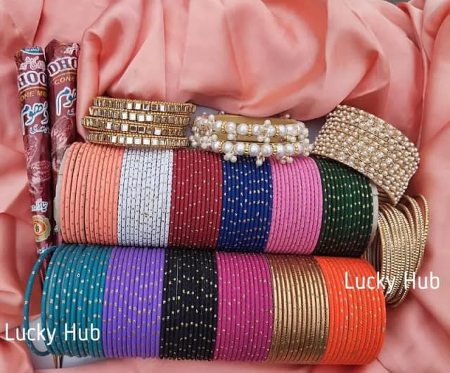 Bangles Gift Box for Girls and Women - Includes Trendy Golden Dotted Matt Bangles, Kundan Bangles, Pearl Bangles and Red Mehndi Cone