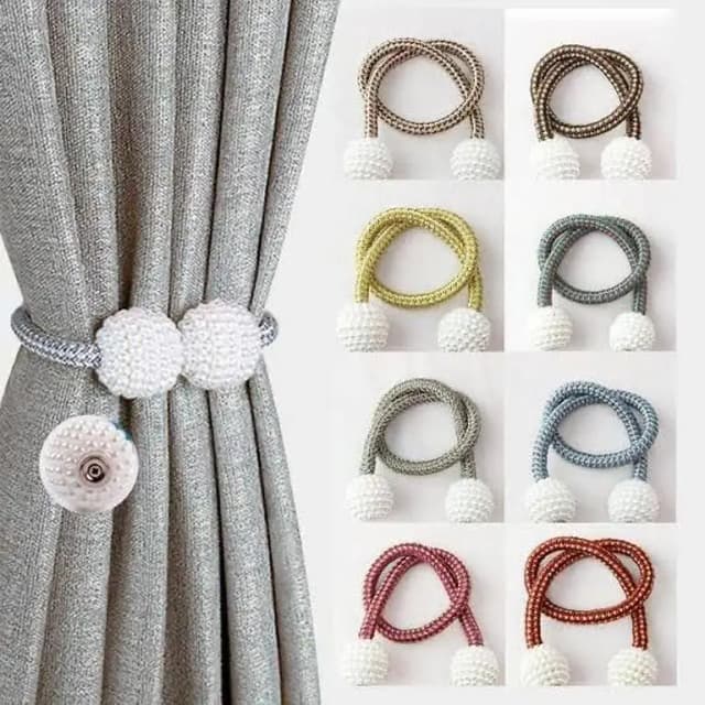 Pearl Magnetic Curtain Clip Tie Back Holders with Hanging Ball - European Style Weave Rope for Thick and Wide Draperies