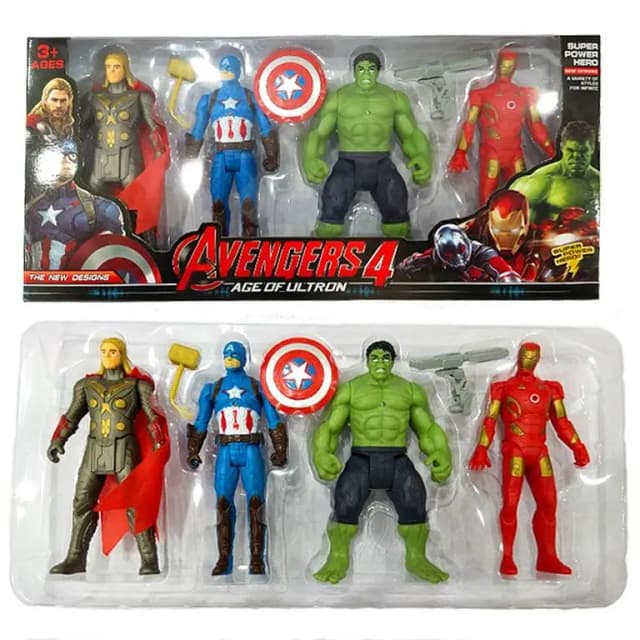 Pack Of 4 Avengers 4 Super Power Hero Figures Set Hulk, Thor, Iron Man & American Captain
