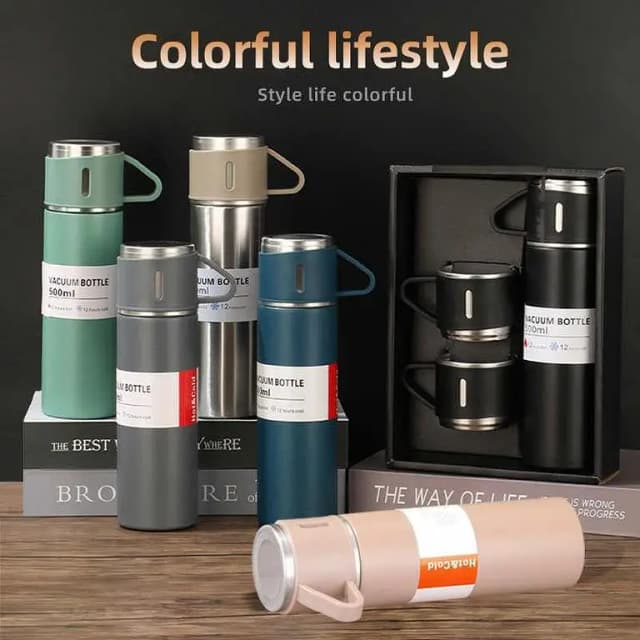 Legacy Deals 500ml Stainless Steel Vacuum Flask Set with 2 Extra Steel Cups| Hot & Cold Temperature Thermal Water Bottle| Leak-Proof Double Wall Insulation Thermos| Premium Gift Set Thermal C