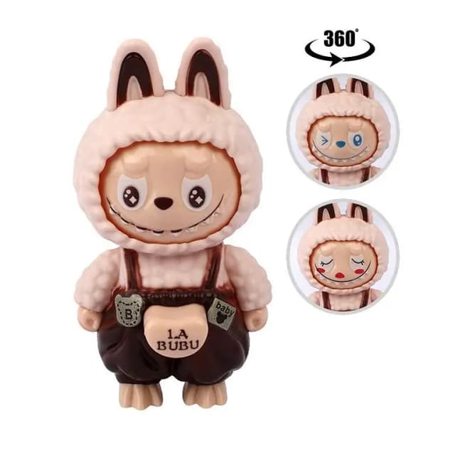LaBubu Face Changing Doll Keychain, 10 cm, Cartoon Character with Blue Overalls, Decorative Pendant