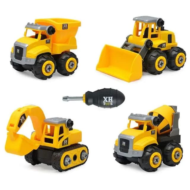 4-Piece Mini Engineering Construction Vehicle Set - DIY Assembly Excavators, Bulldozer, and Dump Truck for STEM Learning Gifts