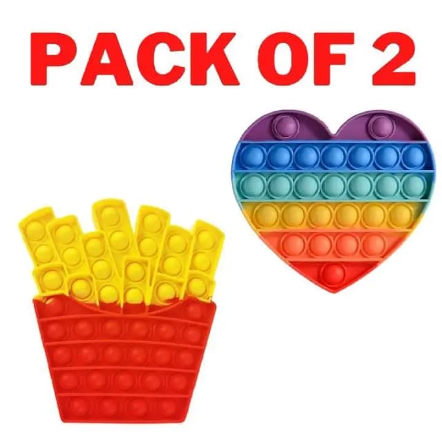 Set of 2 Popit Bubbles: Fries and Heart Fidget Toys with Loud Popping Sounds