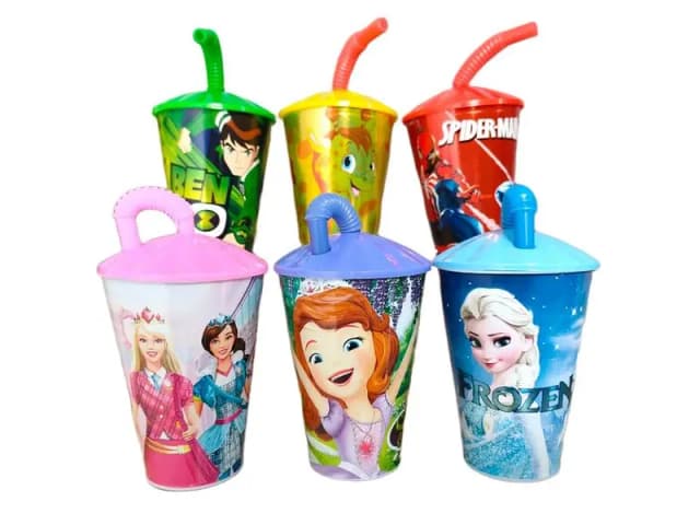 Pack of 2 Kids Juice Glass with Straw - Reusable water glass for kids - Pipe glass with cover - Cartoon characters glass for school, Picnic, party, traveling & Gift