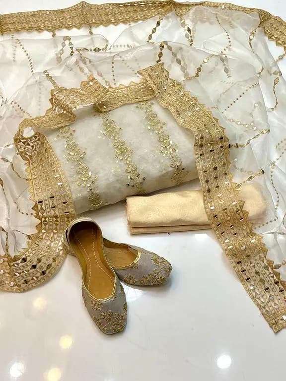 Organza Shirt with Tissue Pani Shesha Work Dupatta, Masoori Trouser, and Khusa