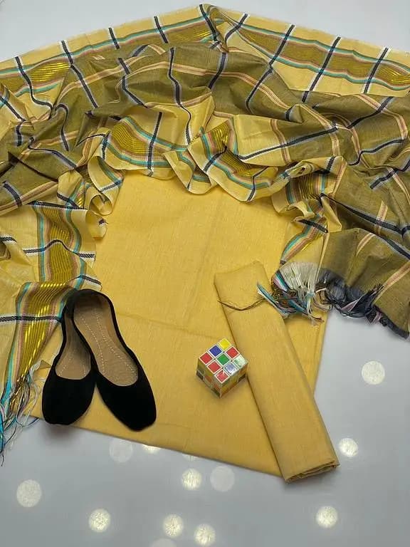 Khaddi Cotton 3-Piece Set: Plain Shirt with Dupatta and Trousers