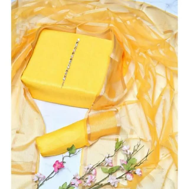 Shah Kamal Fabrics 3 Piece Wedding Collection: Katan Silk Shirt, Trouser, and Organza Dupatta for Women - Yellow