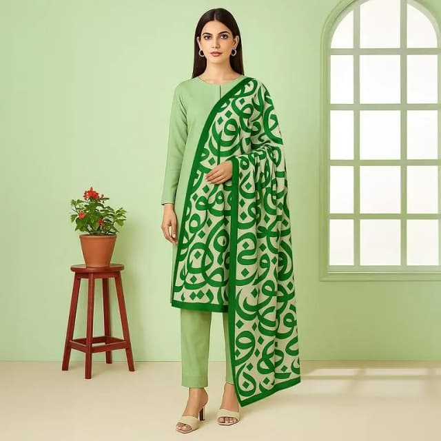 Shah Kamal Fabrics 3-Piece Unstitched Suit - Katan Silk Shirt & Trouser with Calligraphy Printed Dupatta for Women in Pista