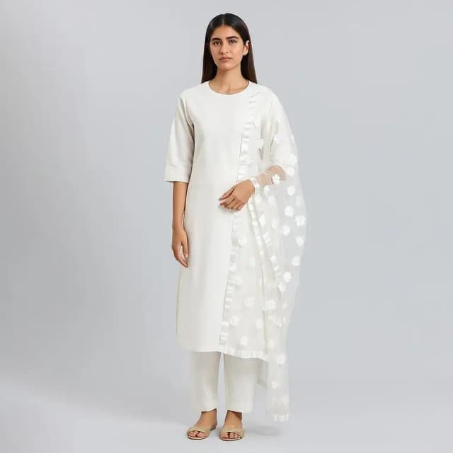 Shah Kamal Fabrics Unstitched 3-Piece Katan Silk Suit for Women - White with Shirt, Trouser, and Net Dupatta
