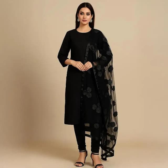 Shah Kamal Fabrics Women's Katan Silk Unstitched 3 Piece Suit - Black Shirt, Trouser, and Net Dupatta