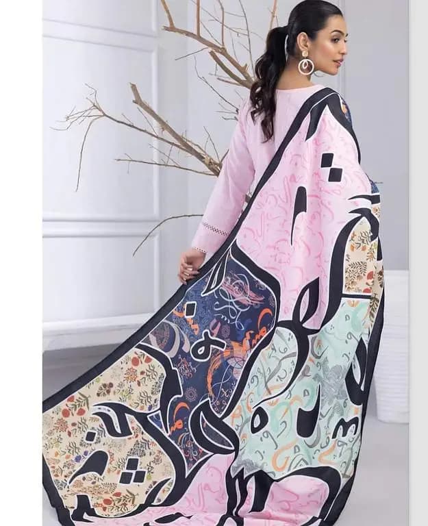 Shah Kamal Fabrics Baby Pink Unstitched 3-Piece Suit Collection - Katan Silk Shirt, Trouser, and Calligraphy Printed Dupatta for Women
