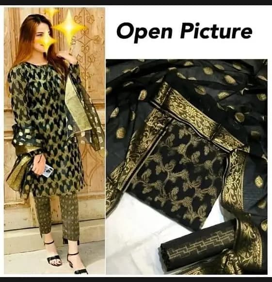 Shah Kamal Fabrics Black Cotton Jacquard 3 Piece Unstitched Suit with Dupatta and Banarasi Trouser