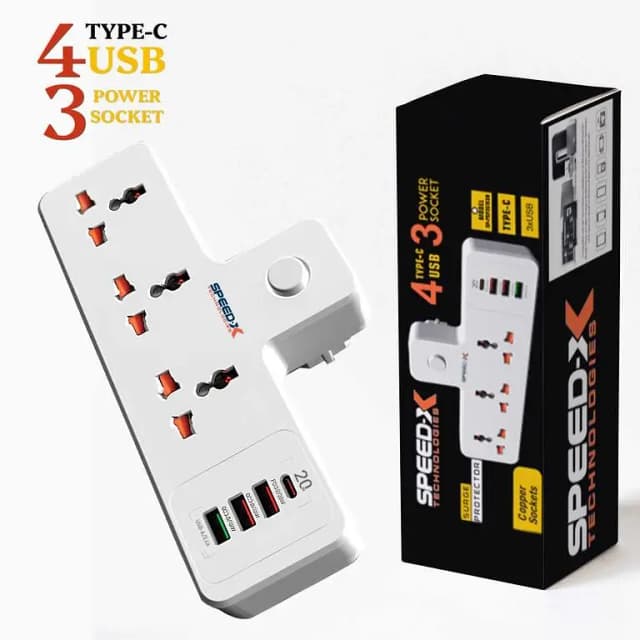 SpeedX 304PUC Extension Board with 3 Sockets, 3 USB and 1 Type C Port - 304 PUC Extension Board with Sockets-3, USB Ports-3 & Type C Port-1 -  Best Extension Board for Extension Lead - 304PUC