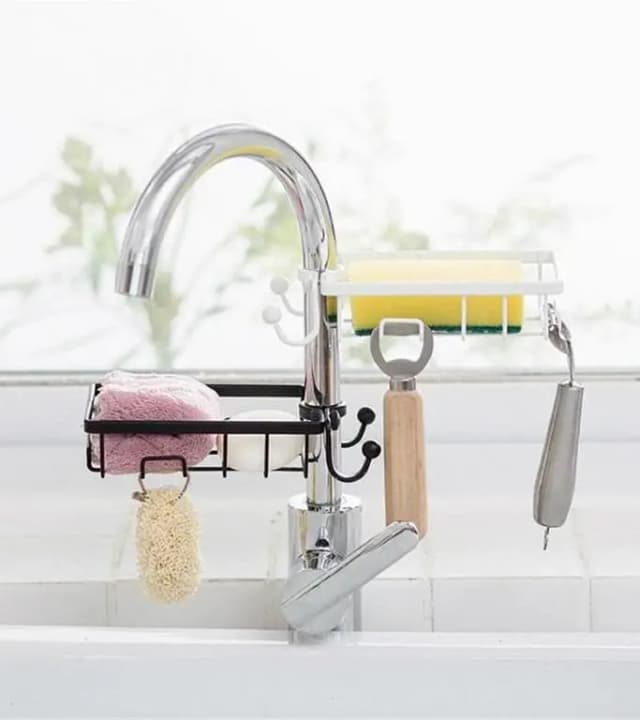 RN Sink Caddy Rack - Metal, Rust-Free, Black for Kitchen Faucet and Dishwashing Items. . .