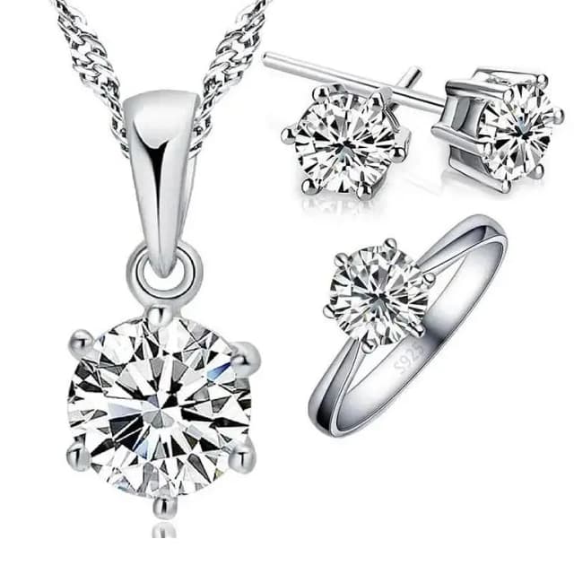 Sterling Silver Jewelry Set For Women Accessory Cubic Zircon Crystal Necklace Rings Stud Earrings Ring Gift