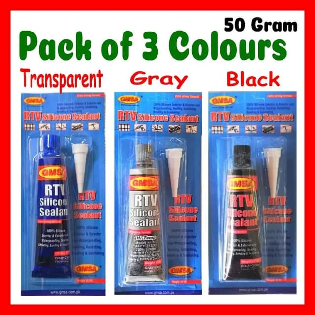 GMSA RTV Silicone Sealant 50g Tube - Pack of 3 (Transparent, Grey, Black) for Water Leak Prevention and Filling Gaps