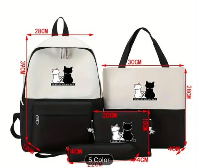 Cartoon Cat Colorblock 4-Piece Backpack Set with Handbag, Pencil Case, and Wallet - Durable Combo for School and Travel