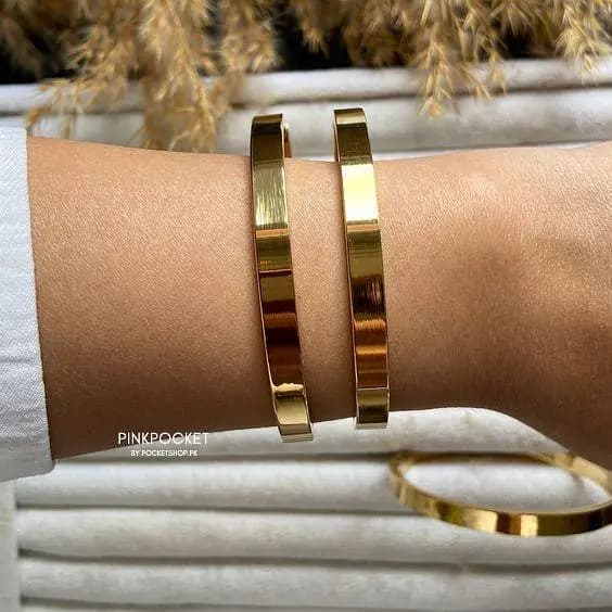 Set of 2 Minimalist Flat Golden Bangles for Women and Girls - Stackable Bracelets Available in All Sizes