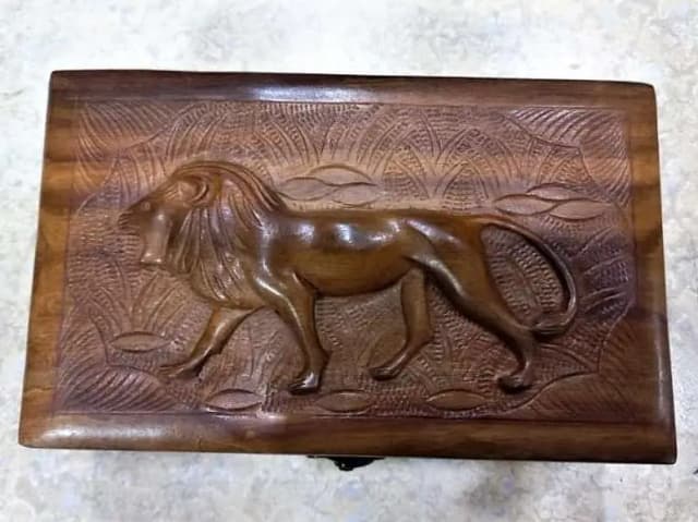 Handcrafted Wooden Lion Jewelry and Makeup Box