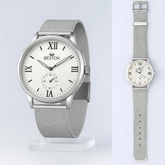 Men’s Analog Wrist Watch – Stainless Steel Mesh Strap, White Dial, Roman Numerals, Multi-Dial Quartz Watch for Men