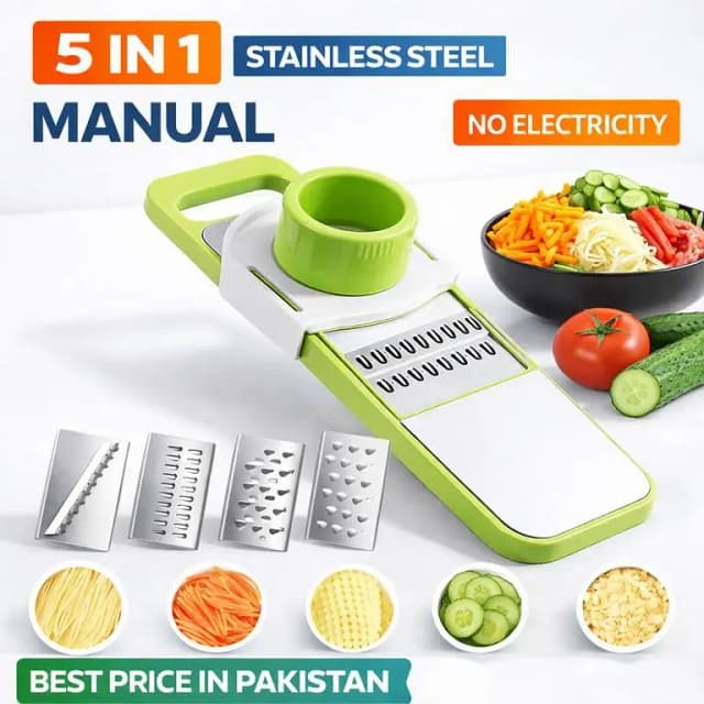Manual Food Grater and 5 in 1 Vegetable Slicer with Stainless Steel Blades – Multi-functional Fruit Cutter, Cheese Grater, Potato Carrot Cucumber Slicer – Hand Operated Kitchen Tool for Easy 