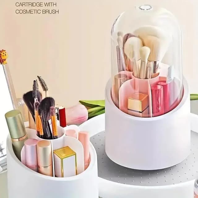 Makeup Brush Holder: 360° Rotating Organizer with Clear Lid and 7 Compartments