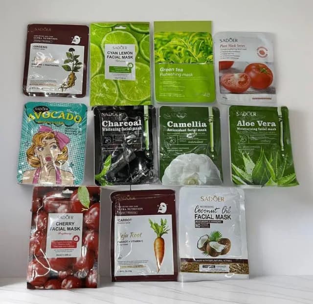 SHEET MASK 12-Essence Set: Collagen, Seaweed, Honey, Pomegranate, Aloe Vera, Vitamin C, Acai Berry, Tea Tree, Avocado, Ginseng, Cucumber, Charcoal