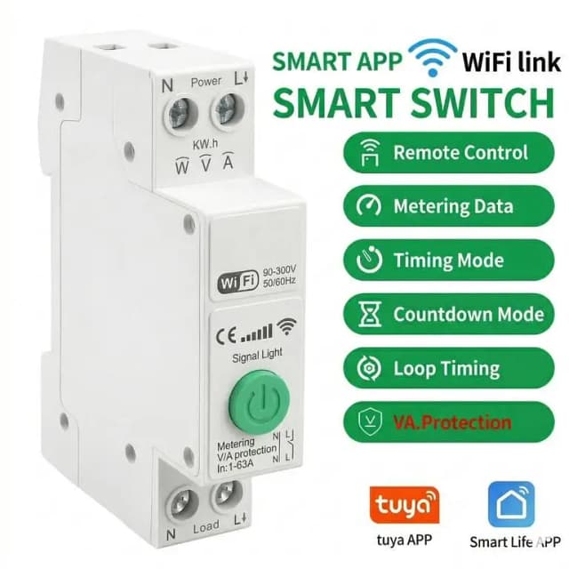 Smart Wi-Fi Circuit Breaker 63A, DIN Rail Smart Switch with Energy Monitoring & kWh Meter, Compatible with Alexa & Google Home, Overload Protection, Remote Control Relay, MCB for Home Automat