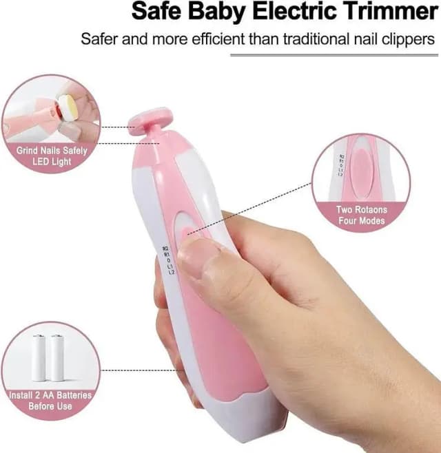Baby Nail Trimmer Electric, Low Noise Newborn Safe Nail Clipper Kit with Light and Replaceable 6 Grinding Heads, Hand-Holding Care Polish and Trim for Infant Toddler Adults Toes Fingernails