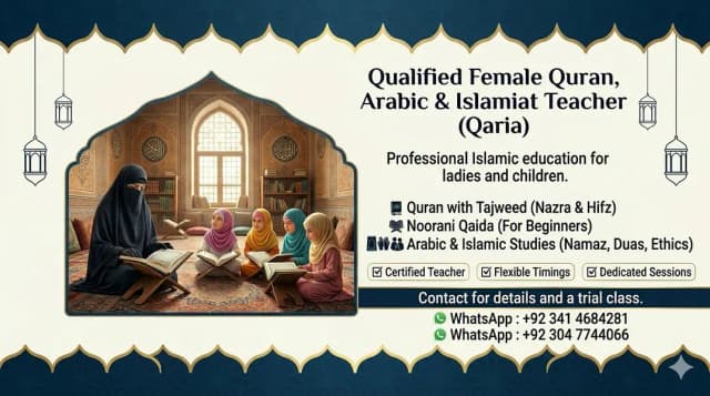 Female Quran, Arabic & Islamic studies,Islamiat Teacher tutor (Qaria)