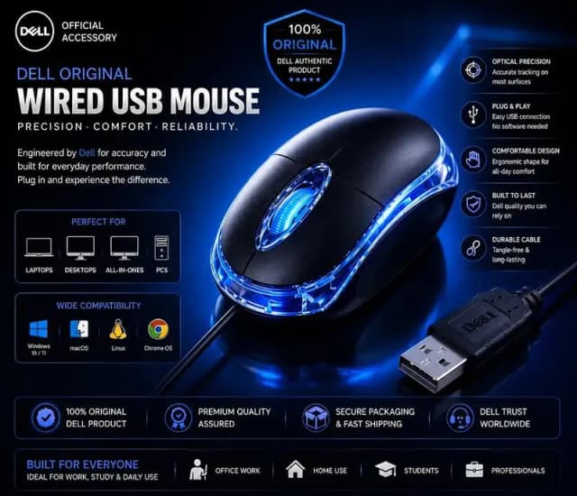 Special 14 August offer Dell Original Wired USB RGB Optical Mouse | High Precision 1000 DPI | Plug & Play | Ergonomic Silent Mouse for Laptop, PC, Desktop & Computer | Windows 11/10, macOS, L