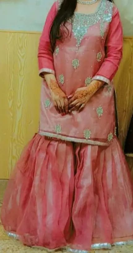 Party Wear Metallic Pink Gharara Set with Heavy Silver Embroidery