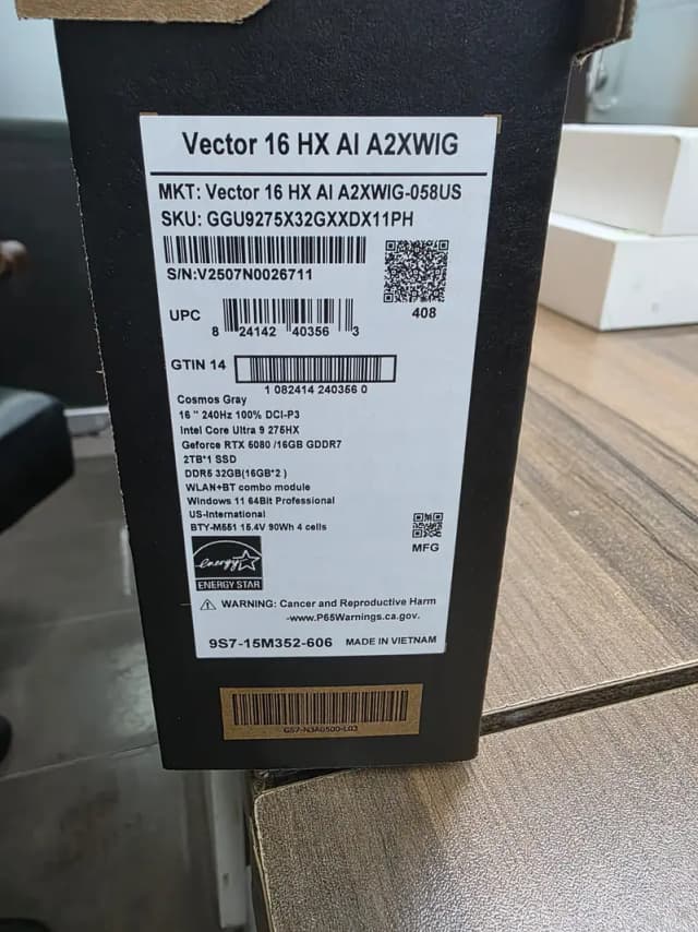MSI Vector 16 16 HX A1 A2XW /  Ultra 9 / 32GB / 02TB / RTX 5080 (16GB)
