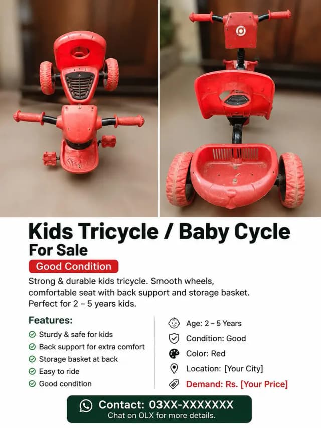 Kids Tricycle / Baby Cycle for Sale – Good Condition – Red Color