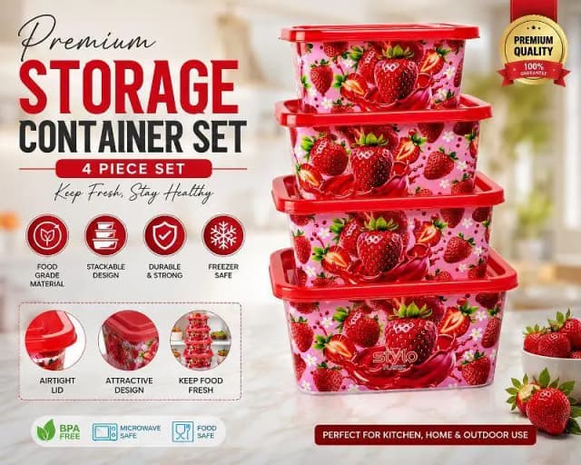 Premium 4 Piece Food Storage Container Set | Airtight Kitchen Containers | Stackable & Freezer Safe. . .