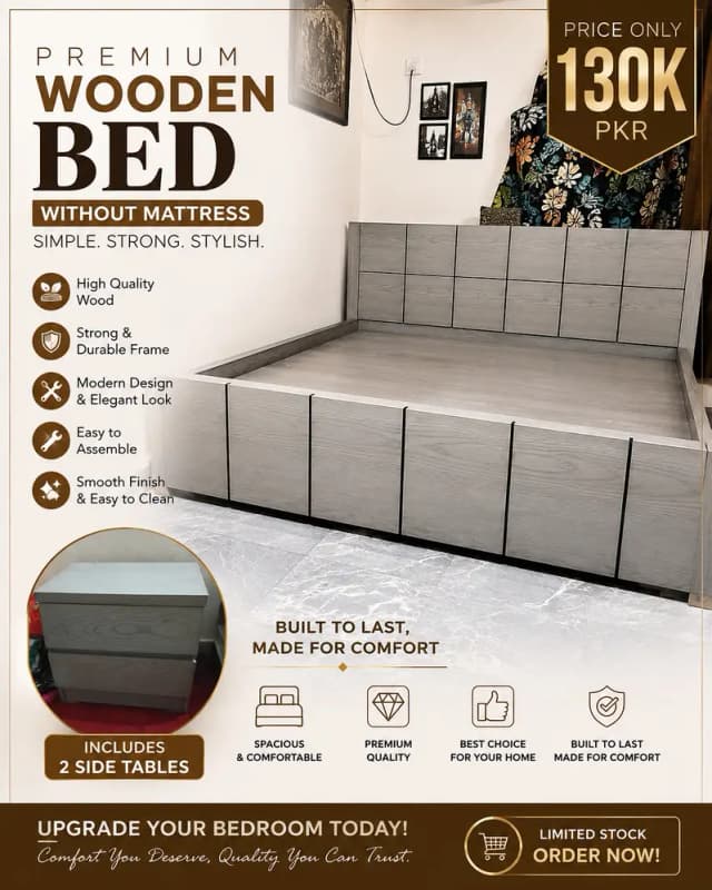 urgent sale Premium Wooden Bed Set with Side Table & Mattress –
