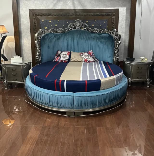 Luxury Round Bed with Mattress | Wooden Bed Set | Dressing Table + Sid
