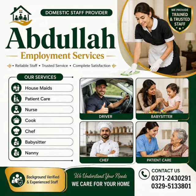 House maids , Helper , Baby Sitter , Chef , Cook , Patient Care ,Nurse
