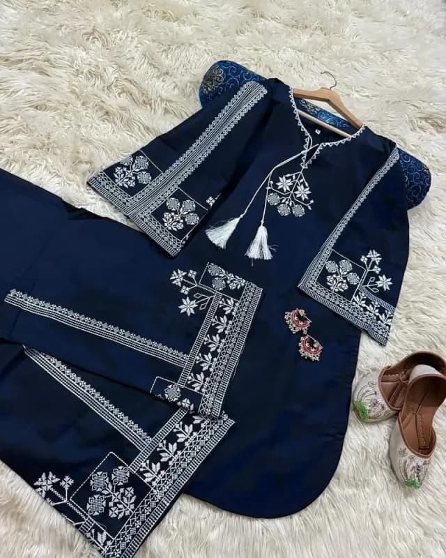 Turquoise Aari Embroidered  2-piece Bareeza Cotton Suit
