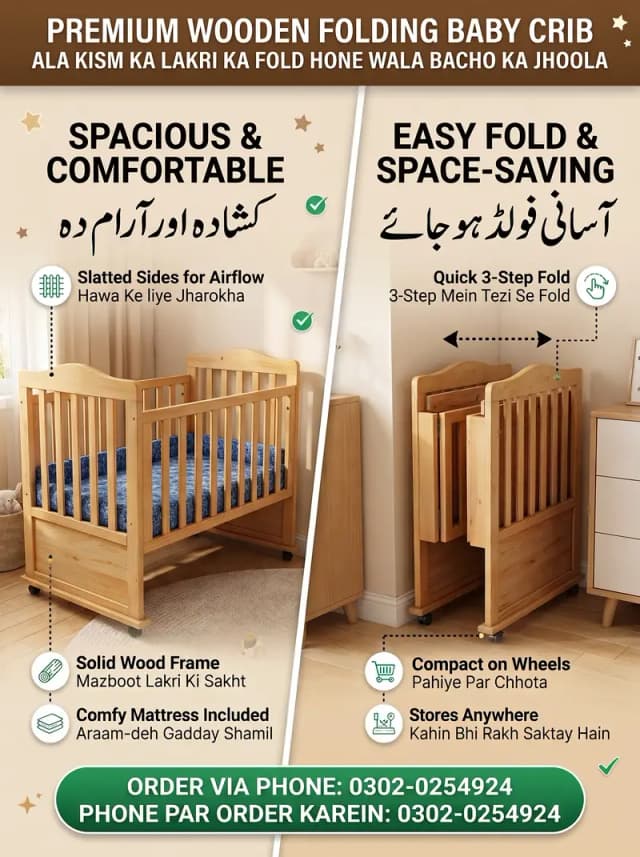 Foldable Wooden Baby Cot + Free Mattress | kids bed | Baby bassient