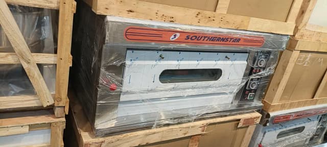 pizza oven, conveyor, deep fryer, dough mixer, food bags, prep table