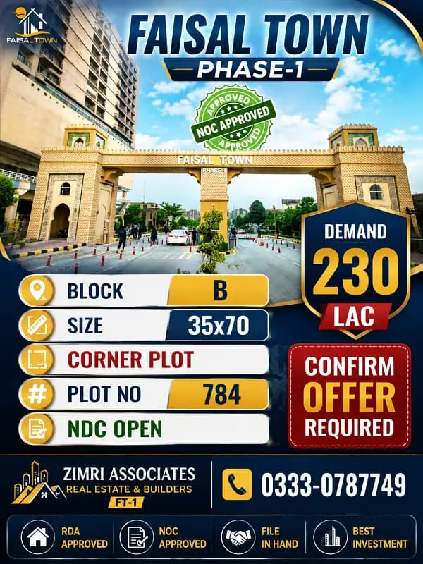 10 MARLA CORNER PLOT FOR SALE in FAISAL TOWN BLOCK B