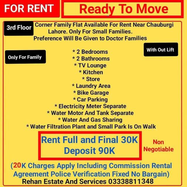 3Marla Corner Family Flat For Rent Near Chauburgi