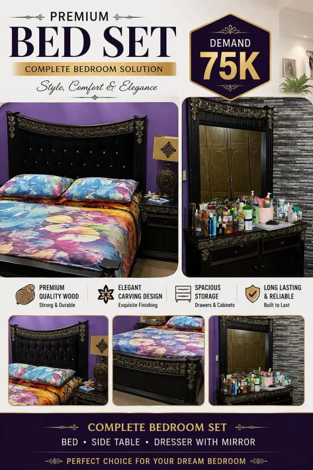 Premium Quality Wood Bedroom Set - Bed, Side Table & Dresser