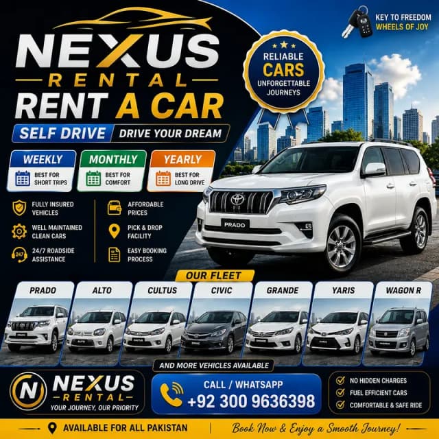 Monthly rent a car self Fortuner, Yaris, Cultus, Alto, Civic, Tucson